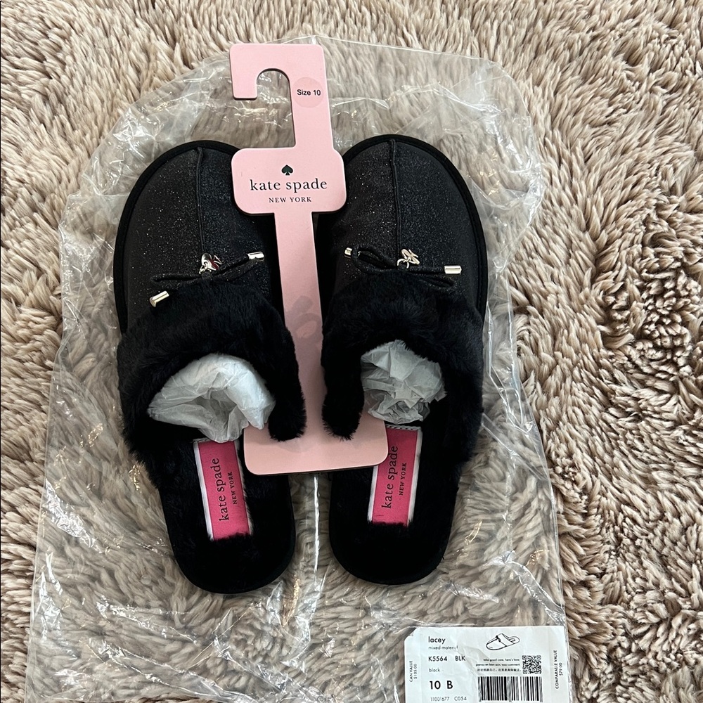Kate Spade Black Fuzzy Slides